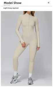 Front zipper close-up on light grey apricot long sleeve yoga catsuit for fitness