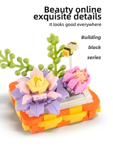 Detailed view of buildable purple lotus and bee blocks on orange woven base