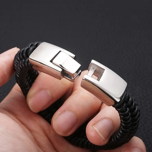 Men's black braided leather bracelet with silver stainless steel magnetic clasp closure