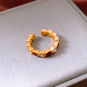 Double-layered gold-plated ring with red heart enamel and clear zircon stones