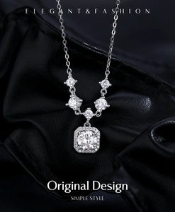 Close-up of square-cut moissanite pendant with halo setting on S925 silver chain