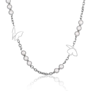 Silver titanium steel butterfly pearl necklace featuring hollow charms on a white background
