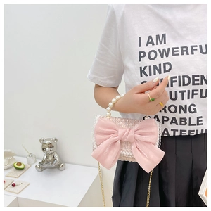 Sac à main rose en tweed pour filles avec grand nœud, poignée perle et bandoulière