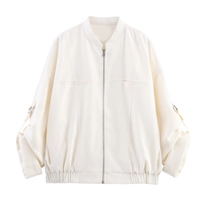 Chaqueta Casual Holgada de Algodón y Lino para Mujer Manga Larga Blanco Roto Cremallera Cuello Béisbol Ropa de Calle Primavera