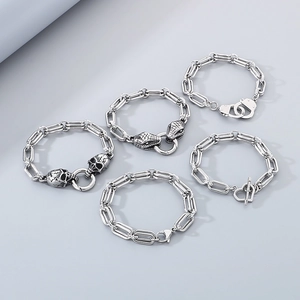 Five-piece set of men's vintage silver stainless steel bracelets with skull and snake charms