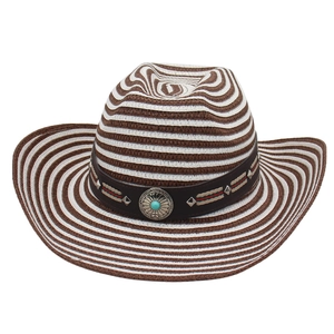 Striped raffia cowboy hat with turquoise western band for beach and sun protection