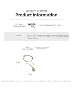 Detailed specs of 18k gold plated flower necklace with green glass beads and copper chain