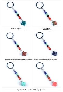 Detailed grid of seven chakra stone keychains including Indian agate and goldstone