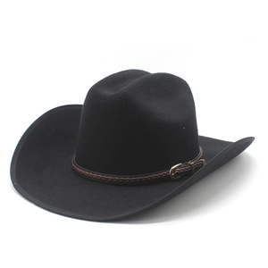 Close-up of black felt cowboy hat featuring brown braided leather band and gold buckle