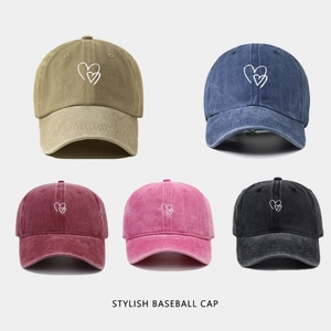 Washed Cotton Heart Embroidered Baseball Cap Soft Top Breathable Sun Protection Casual Vintage Adjustable Hat For Men Women