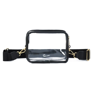 Detail of transparent PVC crossbody bag featuring black trim and gold metal clasps