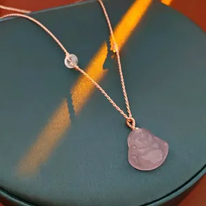 Carved Chalcedony Buddha Pendant Necklace Vintage Gemstone Maitreya Laughing Buddha Clavicle Chain Chinese Style For Women
