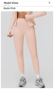 Detail of nude pink high-waist seamless yoga pants and jacket with thumb holes