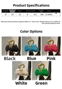 Size chart and color display for bow-knot crossbody bag in black blue pink white green