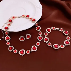Parure De Bijoux Cœur Vintage Alliage Cristal Rouge Collier Bracelet Boucles D Oreilles Avec Tige En Argent Pour Femme Luxe