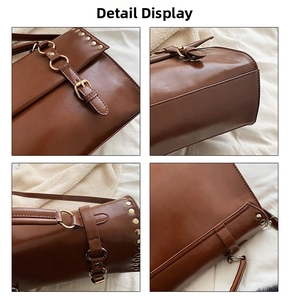 Detailed views of dark brown vintage satchel showing gold rivets and metal hardware craft