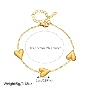 Bracciale a cuore in acciaio inossidabile dorato con lunghezza 17+6.5cm e peso 5g