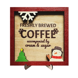 Wooden Christmas snowman coffee sign with red frame for holiday desktop decoration