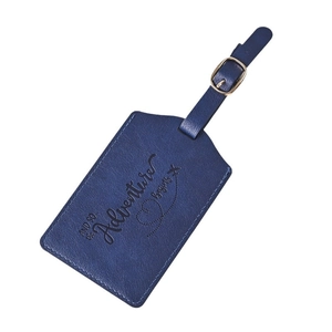 Dark blue PU leather luggage tag with gold buckle and adventure begins embossed text