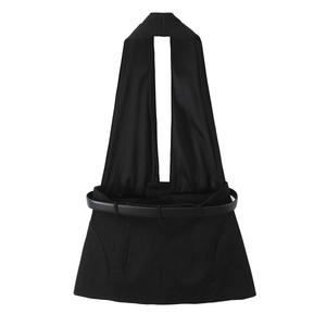 Women's black halter neck top with matching leather belt accessory on white background