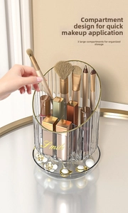 Rotating makeup brush organizer with transparent striped texture and 3 divided compartments