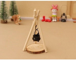 Miniature dollhouse hanging pot with wooden tripod stand on a round wood slice base