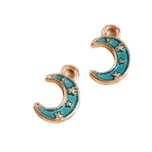 Set of gold moon and star pendants with teal enamel finish for DIY jewelry crafting