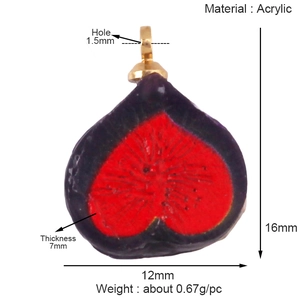 Macro detail of red acrylic heart charm with 16mm height and 1.5mm hole dimensions