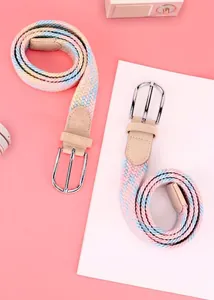Detail of colorful elastic woven belts with silver metal buckle and FASHION leather trim