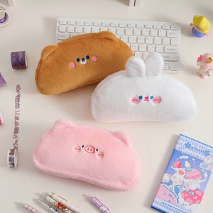 Cute plush animal pencil cases featuring bear rabbit and pig designs in soft fuzzy fabric