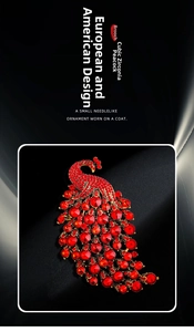 Macro shot of colorful rhinestone peacock brooch with red crystals on alloy base
