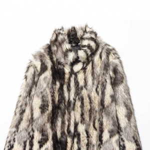 Women's faux fur coat with textured grey and black patterns, lapel collar winter jacket