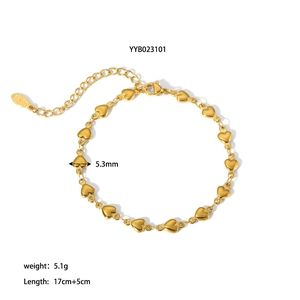 Detail of gold heart linked chain with lobster clasp and adjustable extension chain