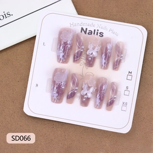 Purple gradient press-on nails with 3D white butterflies, flowers and pearls