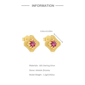 Macro detail of S925 silver rhombic earrings with red zircon and 0.65cm size specs
