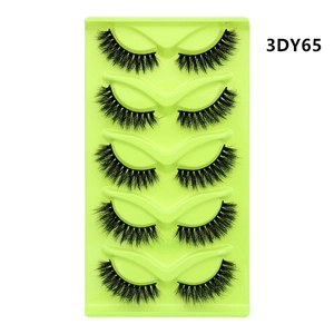 Detailed view of 5 pairs of thick cat-eye false eyelashes in model 3DY65 on green tray