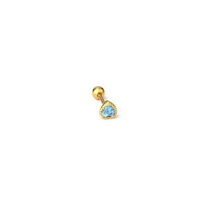 Mini gold heart earring with light blue zircon and screw ball back on white background