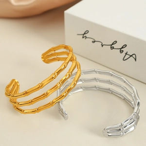 Elegant 18k gold and silver plated open bamboo style bangle with three-layer structure