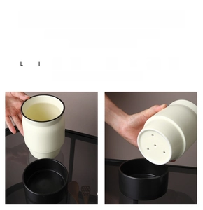 Detail of milky white ceramic utensil holder with a black detachable drainage drip tray