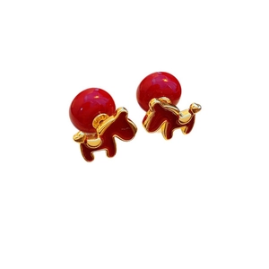 Elegance red enamel puppy earrings with gold trim and large pearl bead backs