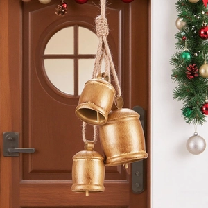 Vintage Metal Christmas Cow Bells With Hemp Rope Rustic Hanging Bell For Home Door Christmas Tree Decoration Antique Gold