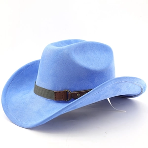 Detail of blue suede western cowboy hat with brown leather buckle and grey band