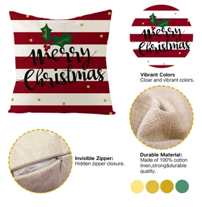 Detail of Christmas pillow cover showing 100% cotton linen fabric and invisible zipper