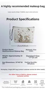 Detail of Easter bunny linen makeup bag showing 17x25cm dimensions and lightweight material