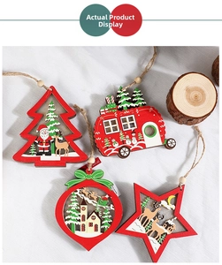 Detail view of rustic wooden Christmas ornaments with festive reindeer and Santa patterns