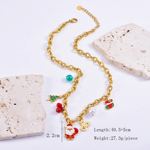 Detailed close-up of Christmas necklace dimensions with festive charms and white pearls