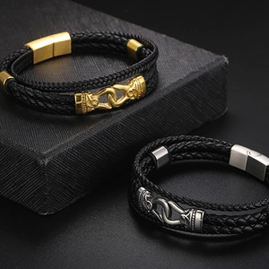 Bracelet multicouche en cuir pour homme avec fermoir magnétique en acier inox or et argent