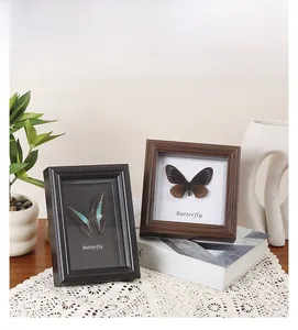 Detail of vintage square wooden frames featuring real butterfly specimens for home decor