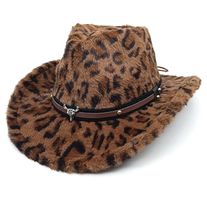 Detail of leopard print plush cowboy hat with leather band and silver bull head pendant