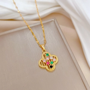 Luxury gold titanium steel necklace with colorful gemstone clover abacus pendant